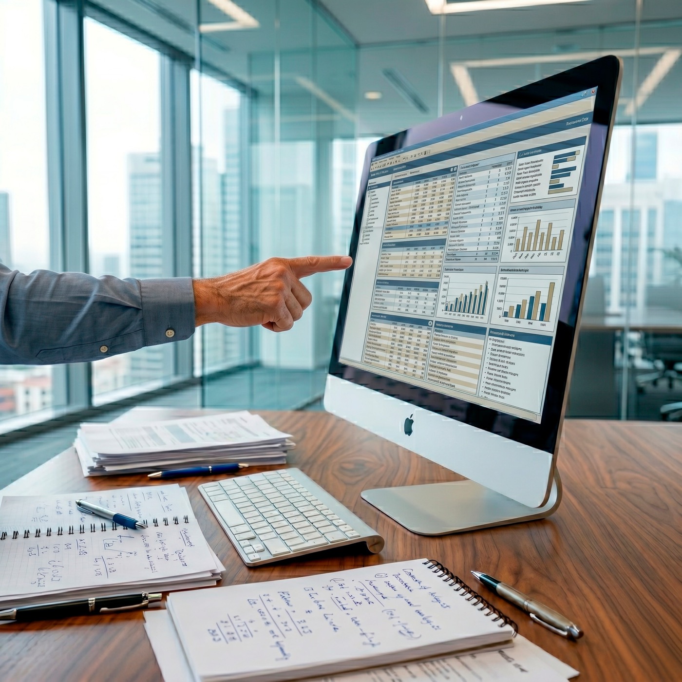 Executivo apontando para dashboard estático em monitor com planilhas e papéis na mesa