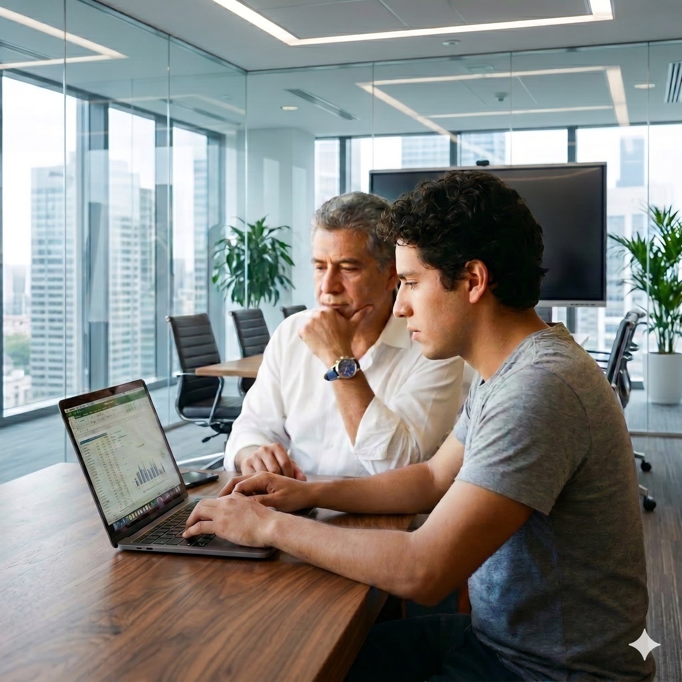 Executivo e analista debruçados sobre laptop com planilha