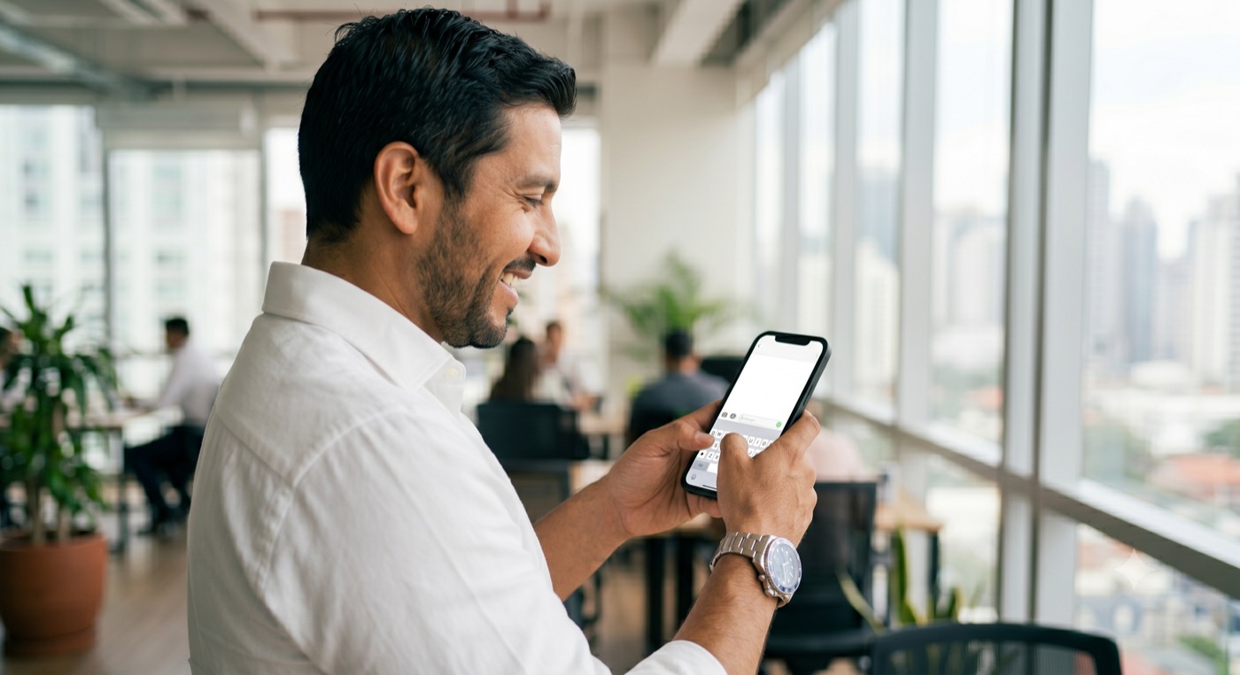 Executivo consultando informações no celular em escritório moderno